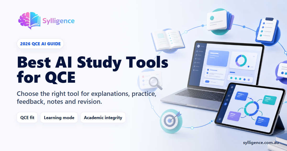 Best AI study tools for QCE guide showing a connected system for notes, flashcards, practice, feedback, revision and ATAR planning