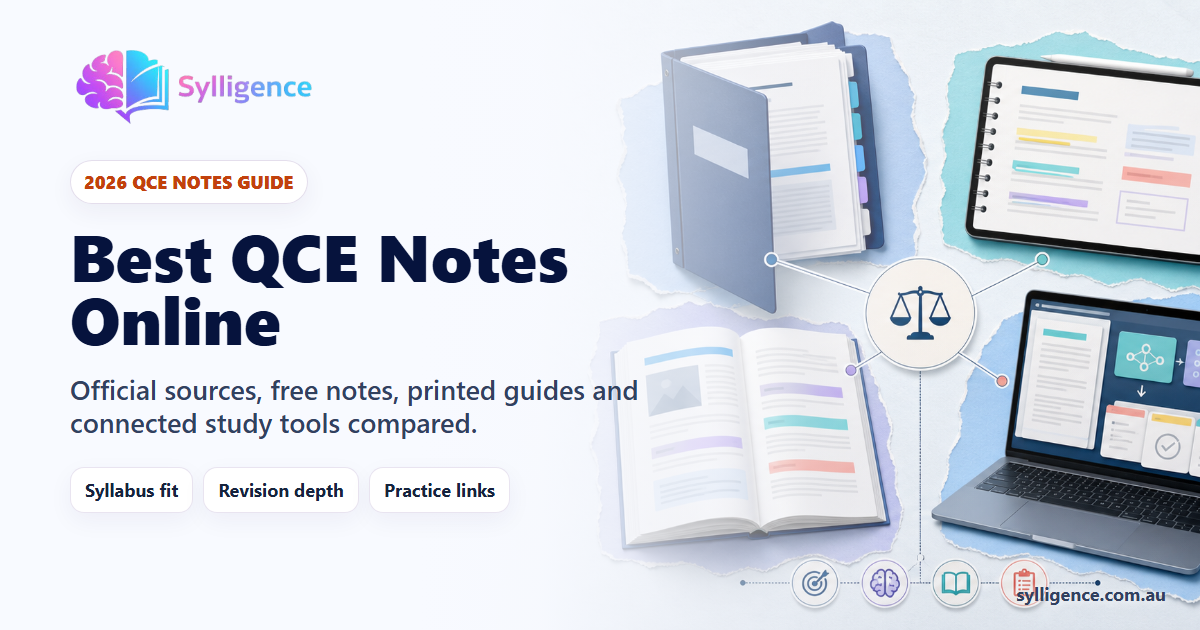 Best QCE notes online comparison showing an official syllabus binder, digital notes, printed revision guide and notes connected to practice