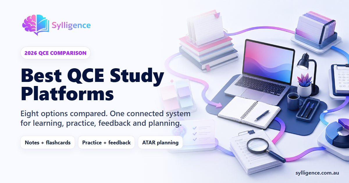 Sylligence Best QCE Study Platforms 2026 guide showing notes, flashcards, practice, feedback and ATAR planning in one connected workflow