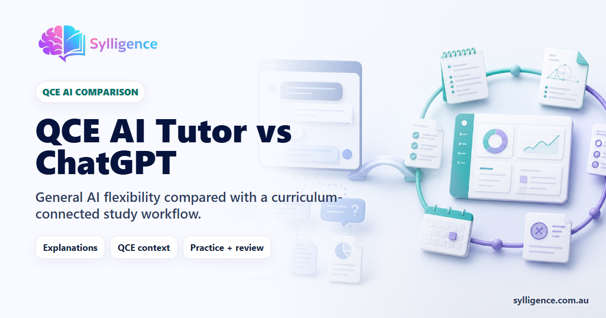 QCE AI tutor versus ChatGPT comparison showing a general chat path beside a connected syllabus, practice, feedback and revision loop