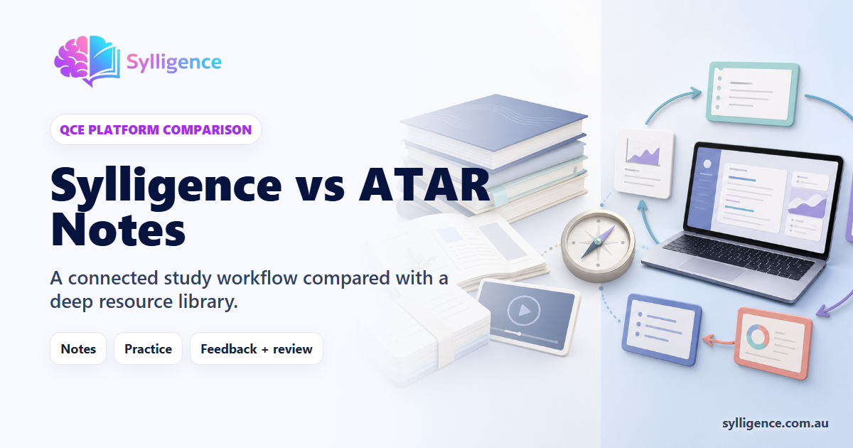 Sylligence versus ATAR Notes comparison showing a polished print and digital resource library beside a connected notes, practice, feedback and review workflow